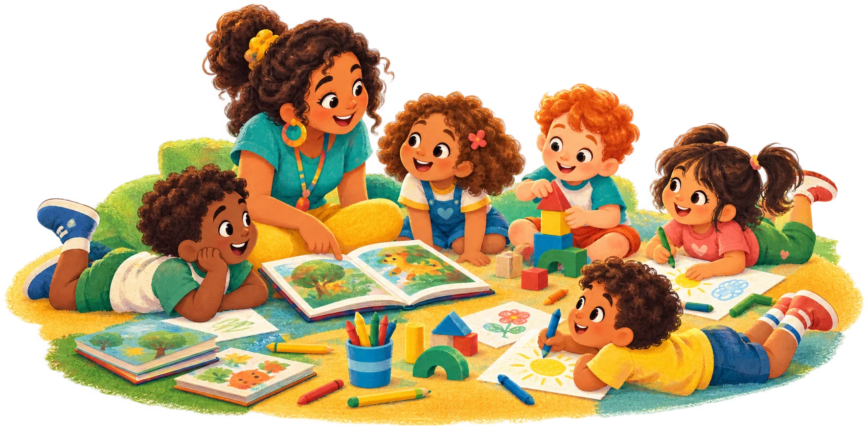 Ilustração de crianças e uma educadora descobrindo livros, desenhos e brinquedos juntas