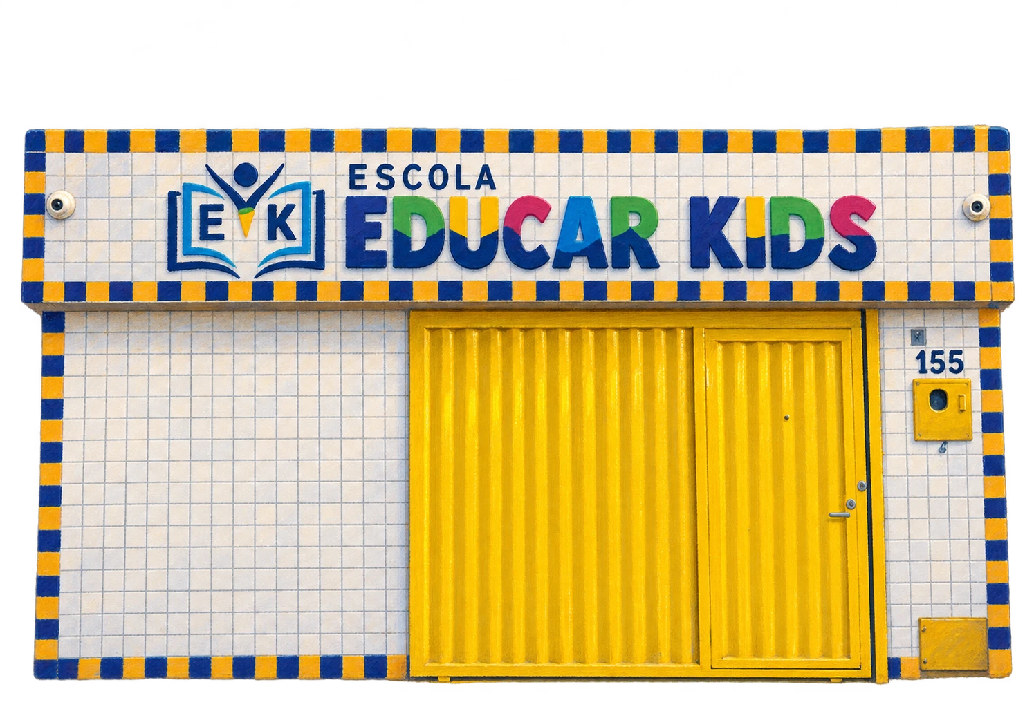 Ilustração da fachada da Educar Kids, com seu portão amarelo e letreiro colorido